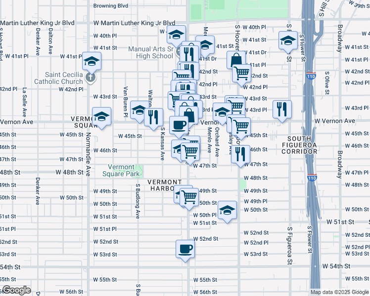 map of restaurants, bars, coffee shops, grocery stores, and more near 4529 South Vermont Avenue in Los Angeles