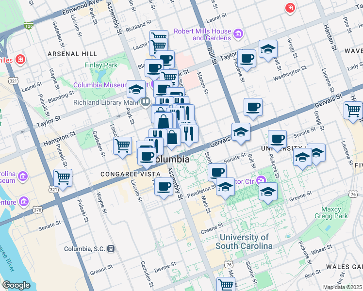 map of restaurants, bars, coffee shops, grocery stores, and more near 1221 Main Street in Columbia