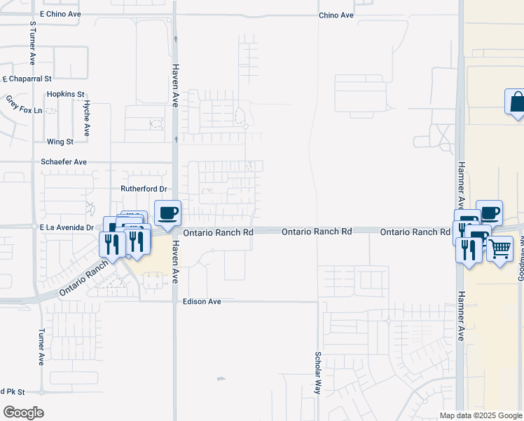 map of restaurants, bars, coffee shops, grocery stores, and more near 3961 South Sunrise Avenue in Ontario