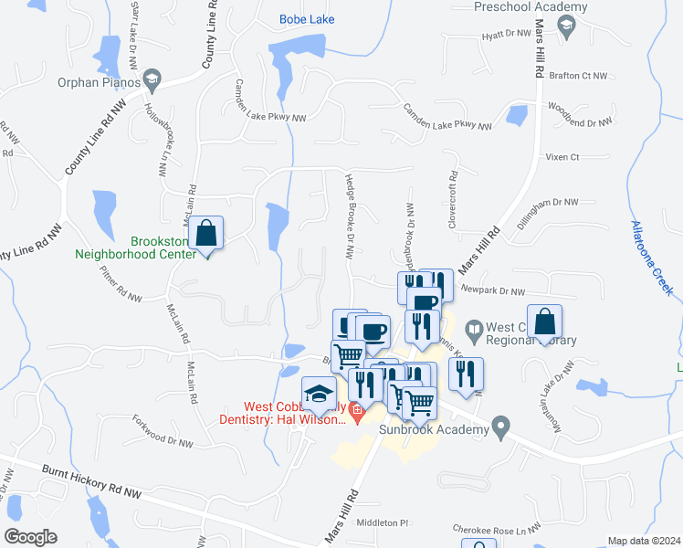 map of restaurants, bars, coffee shops, grocery stores, and more near 5503 Hedge Brooke Drive Northwest in Acworth