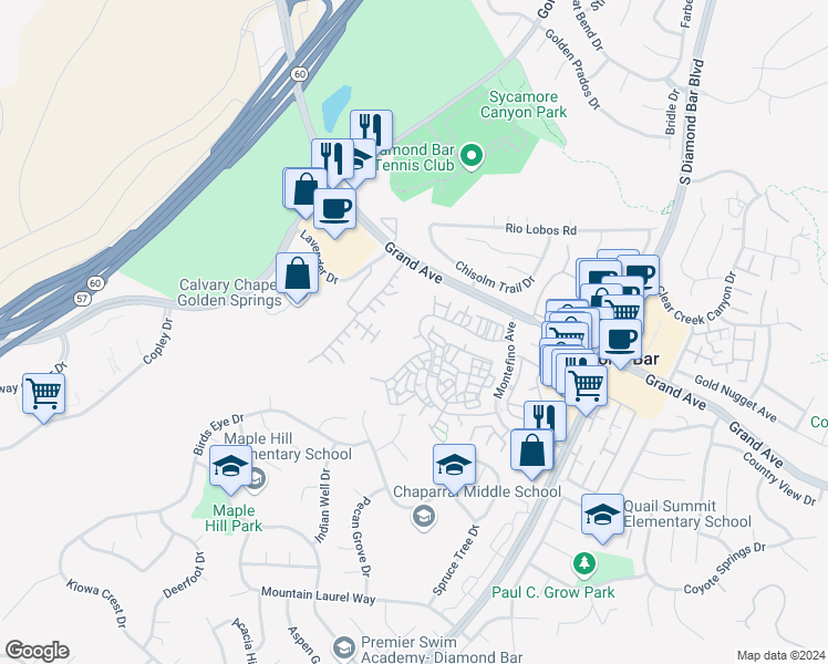 map of restaurants, bars, coffee shops, grocery stores, and more near 1251 Porto Grande Drive in Diamond Bar