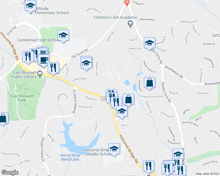 map of restaurants, bars, coffee shops, grocery stores, and more near 1075 Township Square in Alpharetta