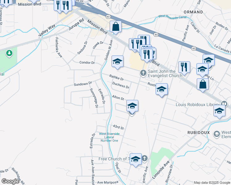 map of restaurants, bars, coffee shops, grocery stores, and more near 6400 Tournament Drive in Riverside