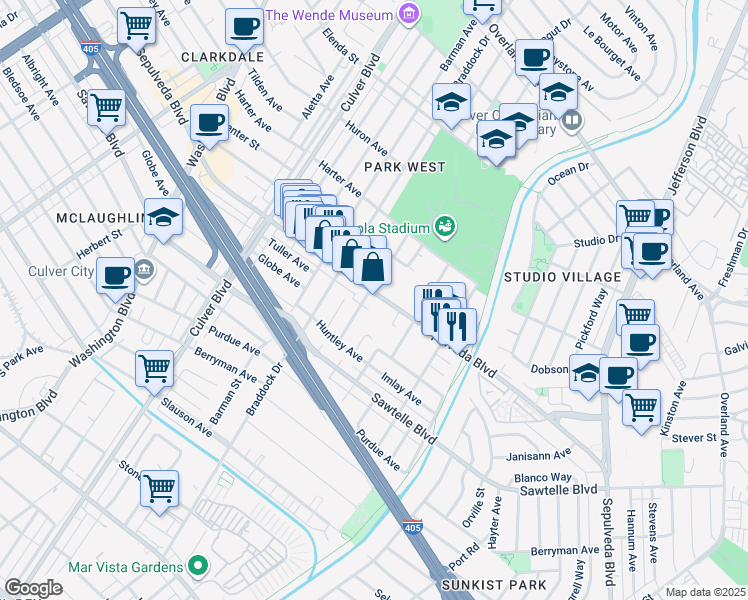 map of restaurants, bars, coffee shops, grocery stores, and more near 4491 Sepulveda Boulevard in Culver City