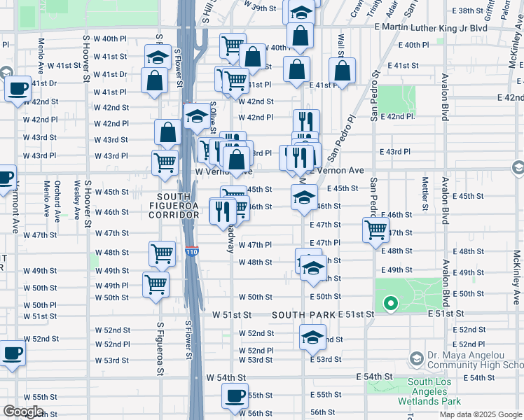 map of restaurants, bars, coffee shops, grocery stores, and more near 208 West 46th Street in Los Angeles