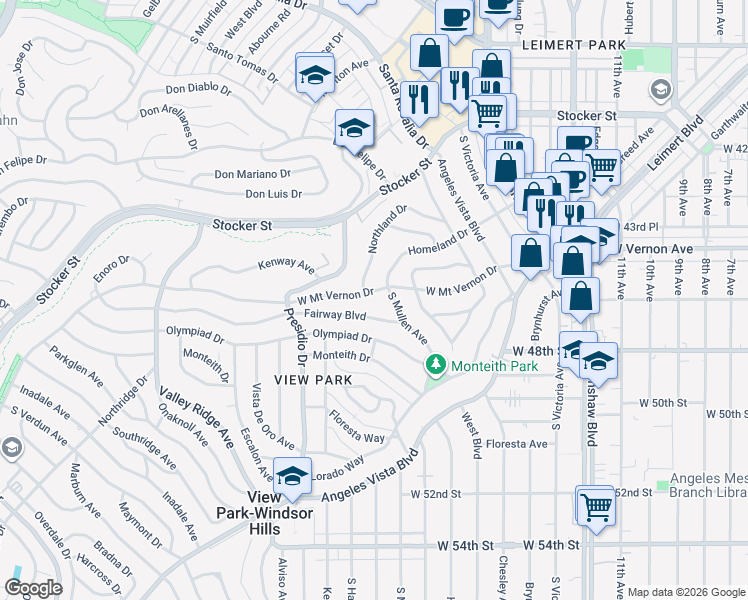 map of restaurants, bars, coffee shops, grocery stores, and more near 3814 West Mount Vernon Drive in Los Angeles