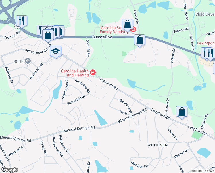 map of restaurants, bars, coffee shops, grocery stores, and more near 3469 Leaphart Road in West Columbia
