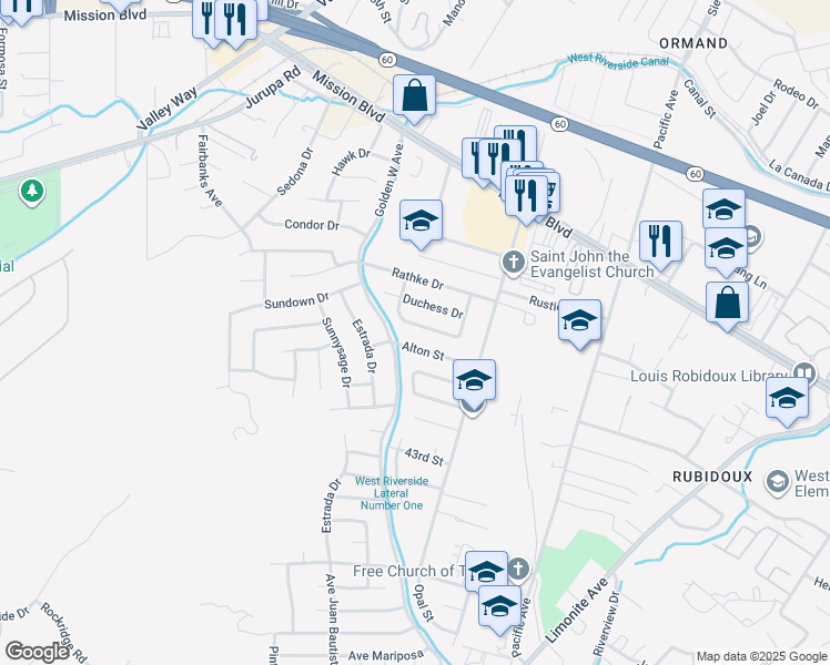 map of restaurants, bars, coffee shops, grocery stores, and more near 6400 Tournament Drive in Riverside