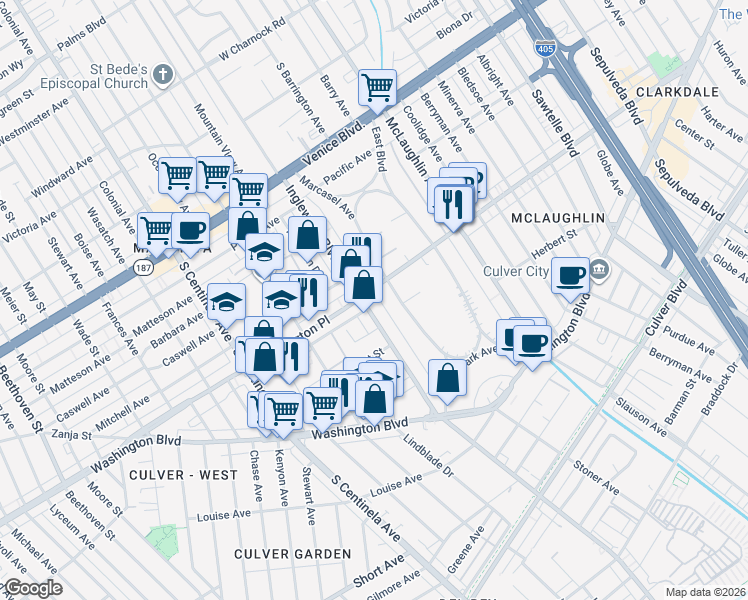 map of restaurants, bars, coffee shops, grocery stores, and more near 4020 Inglewood Boulevard in Los Angeles