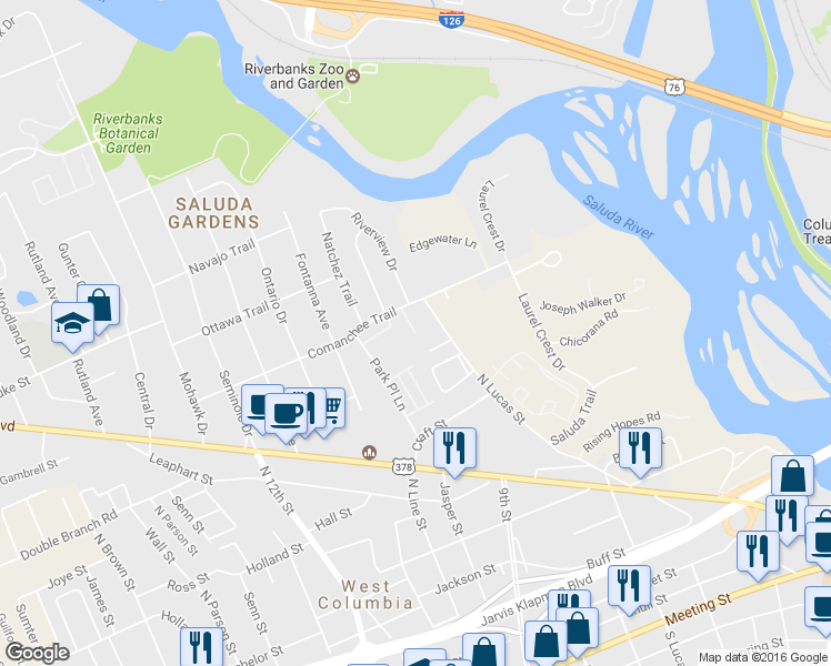 map of restaurants, bars, coffee shops, grocery stores, and more near 114 Ashley Court in West Columbia