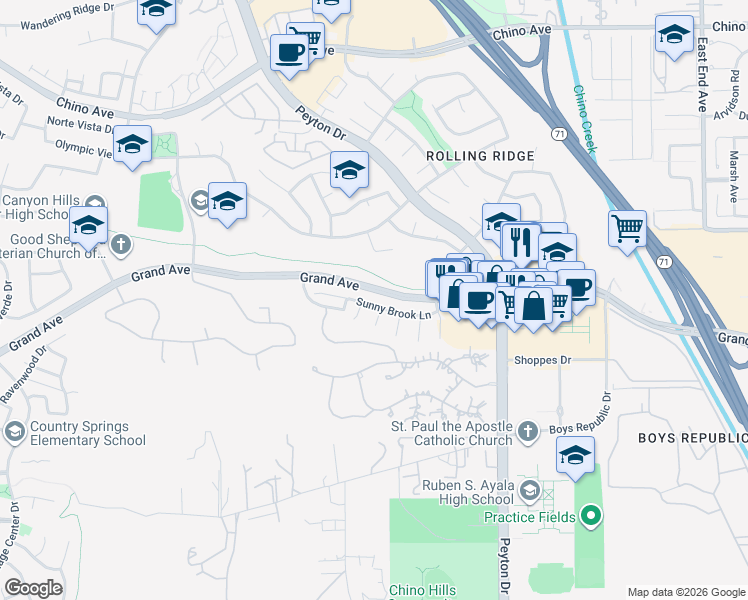 map of restaurants, bars, coffee shops, grocery stores, and more near 3044 Sunny Brook Lane in Chino Hills