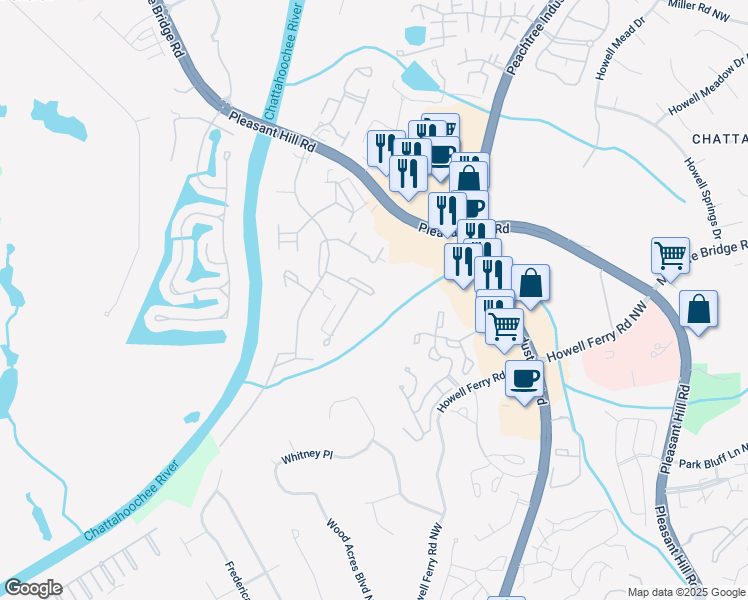 map of restaurants, bars, coffee shops, grocery stores, and more near 3816 Turnberry Court in Duluth