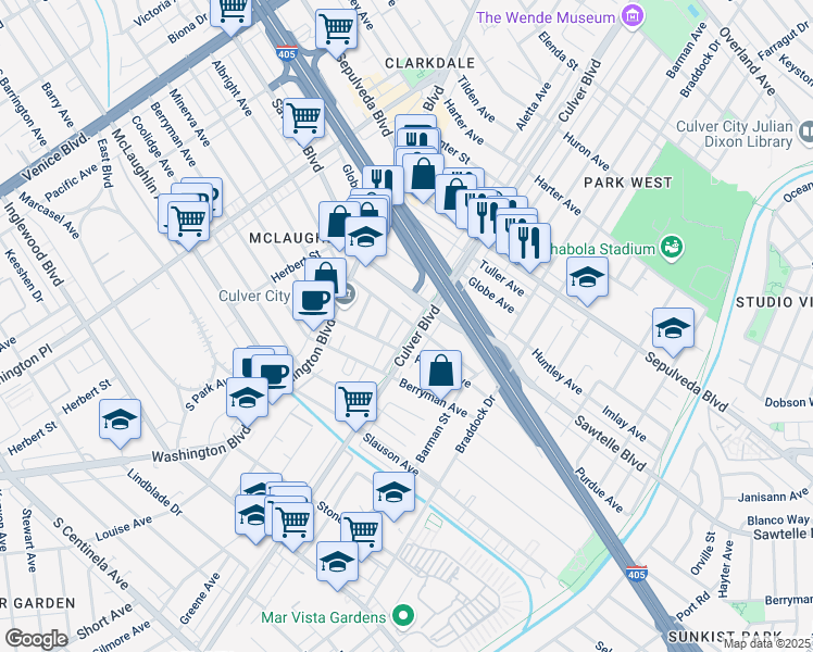 map of restaurants, bars, coffee shops, grocery stores, and more near 11355 Culver Boulevard in Los Angeles