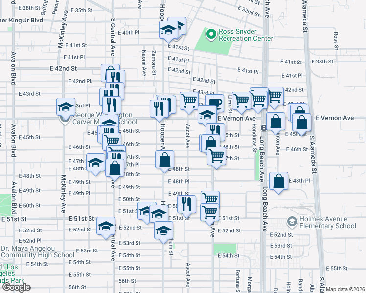 map of restaurants, bars, coffee shops, grocery stores, and more near 1374 East 46th Street in Los Angeles