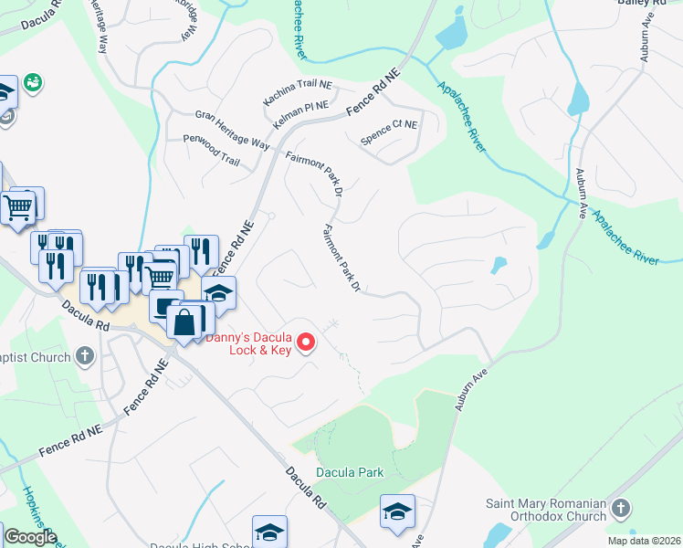 map of restaurants, bars, coffee shops, grocery stores, and more near 822 Fairmont Park Drive in Dacula