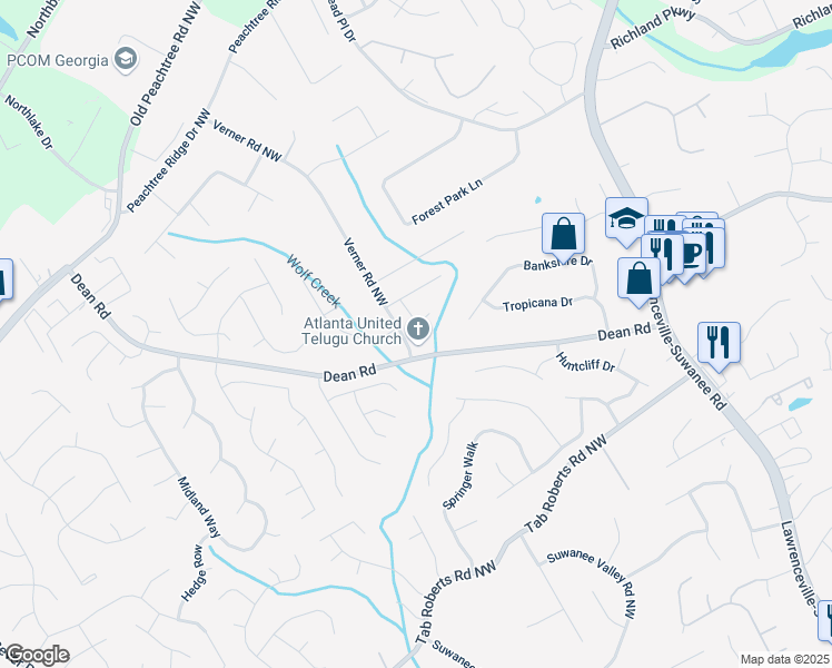 map of restaurants, bars, coffee shops, grocery stores, and more near 2190 Ashley Crossing Court Northwest in Lawrenceville