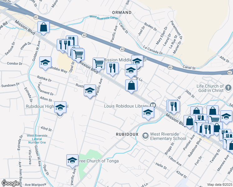 map of restaurants, bars, coffee shops, grocery stores, and more near 6014 Mission Boulevard in Riverside