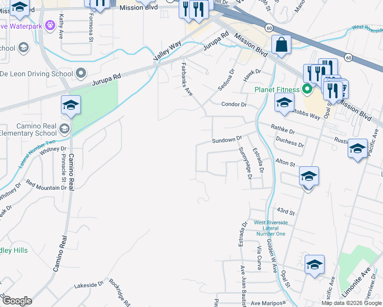 map of restaurants, bars, coffee shops, grocery stores, and more near 4079 Margie Way in Riverside