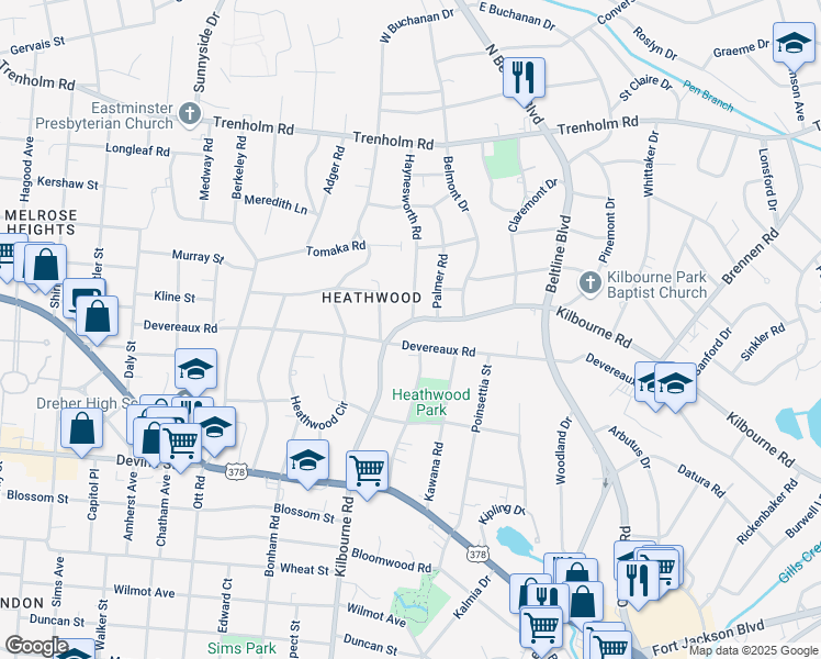 map of restaurants, bars, coffee shops, grocery stores, and more near 3818 Kilbourne Road in Columbia
