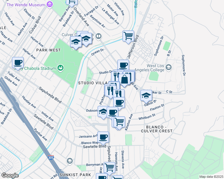 map of restaurants, bars, coffee shops, grocery stores, and more near 10811 Jefferson Boulevard in Culver City