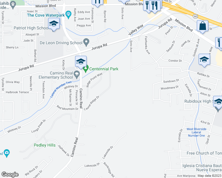 map of restaurants, bars, coffee shops, grocery stores, and more near 4738 Laurel Ridge Drive in Riverside