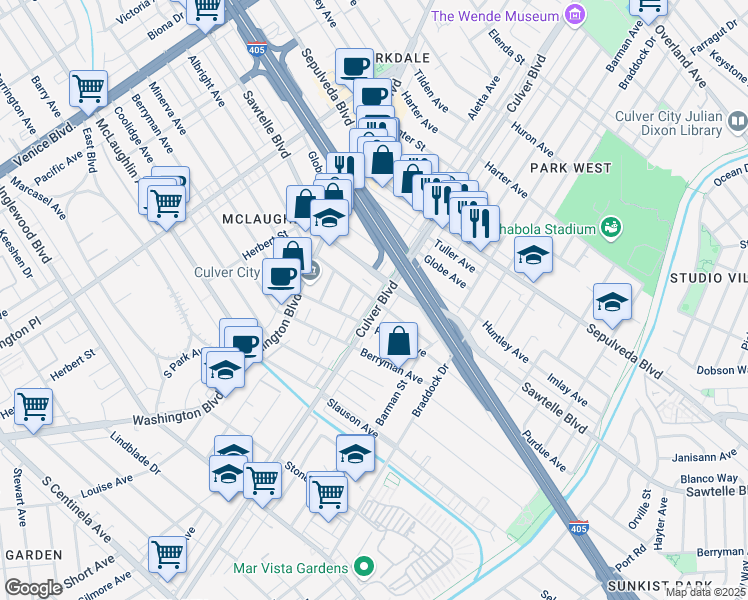 map of restaurants, bars, coffee shops, grocery stores, and more near 11355 Culver Boulevard in Los Angeles