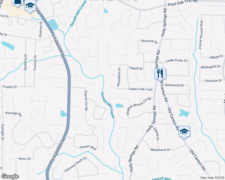 map of restaurants, bars, coffee shops, grocery stores, and more near 2458 Cedar Fork Trail in Marietta