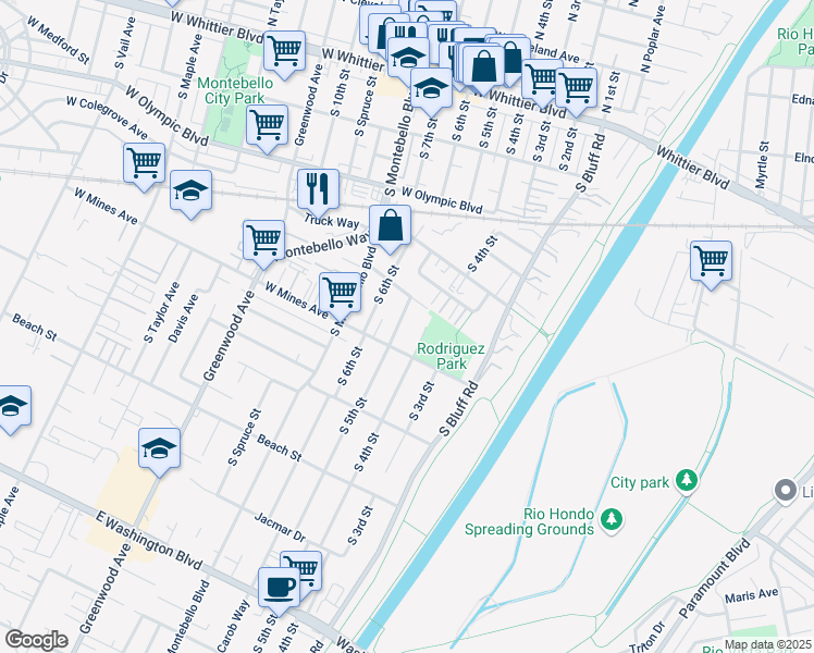 map of restaurants, bars, coffee shops, grocery stores, and more near 522 South 5th Street in Montebello