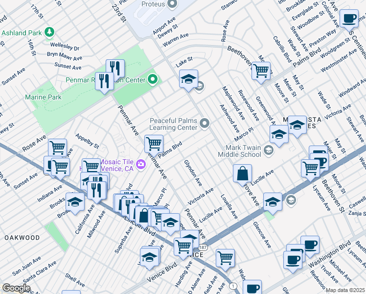 map of restaurants, bars, coffee shops, grocery stores, and more near 1308 Palms Boulevard in Los Angeles