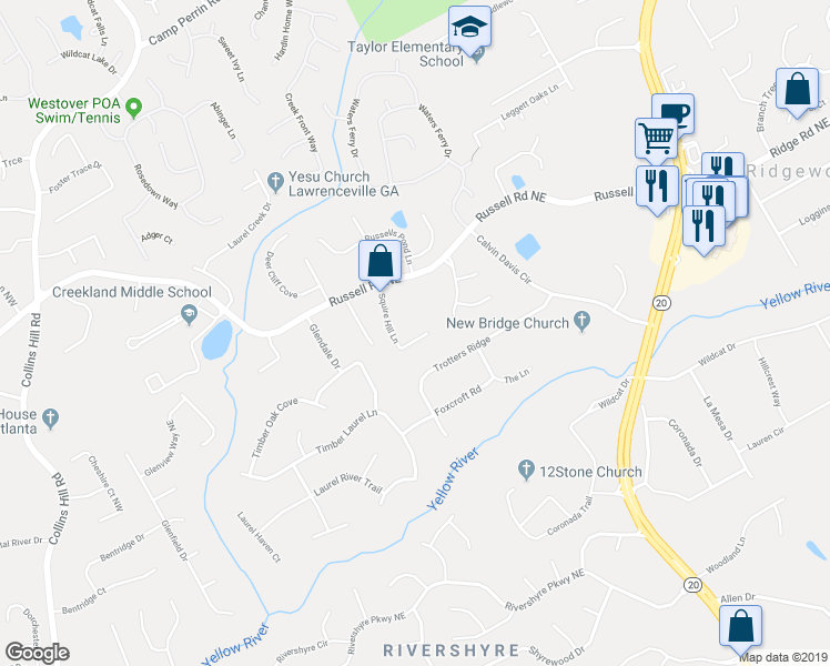 map of restaurants, bars, coffee shops, grocery stores, and more near 1447 Squire Hill Lane in Lawrenceville