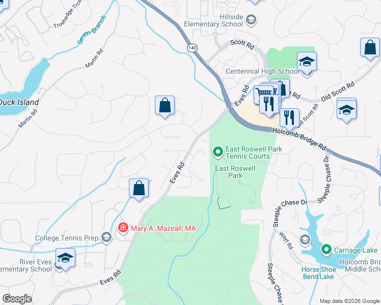 map of restaurants, bars, coffee shops, grocery stores, and more near 113 Autumn Ridge Trail in Roswell