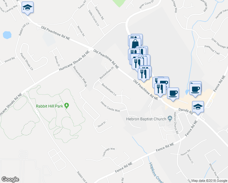 map of restaurants, bars, coffee shops, grocery stores, and more near 271 Beckenham Lane in Dacula