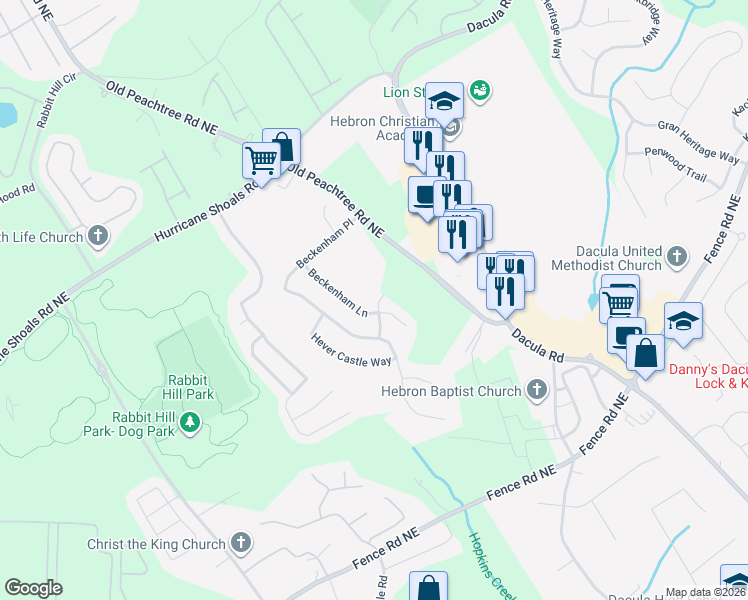 map of restaurants, bars, coffee shops, grocery stores, and more near 2074 Shelton Woods Court in Dacula
