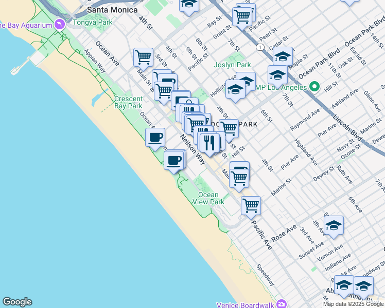 map of restaurants, bars, coffee shops, grocery stores, and more near 157 Ocean Park Boulevard in Santa Monica