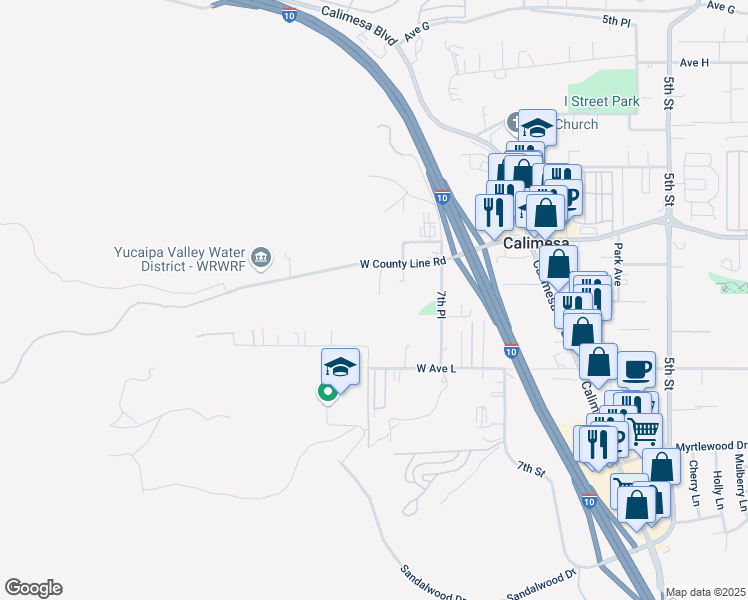 map of restaurants, bars, coffee shops, grocery stores, and more near 940 Archie Valley Court in Calimesa