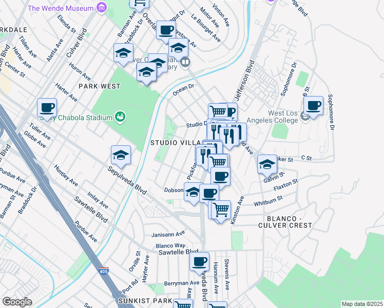 map of restaurants, bars, coffee shops, grocery stores, and more near 10926 Fairbanks Way in Culver City