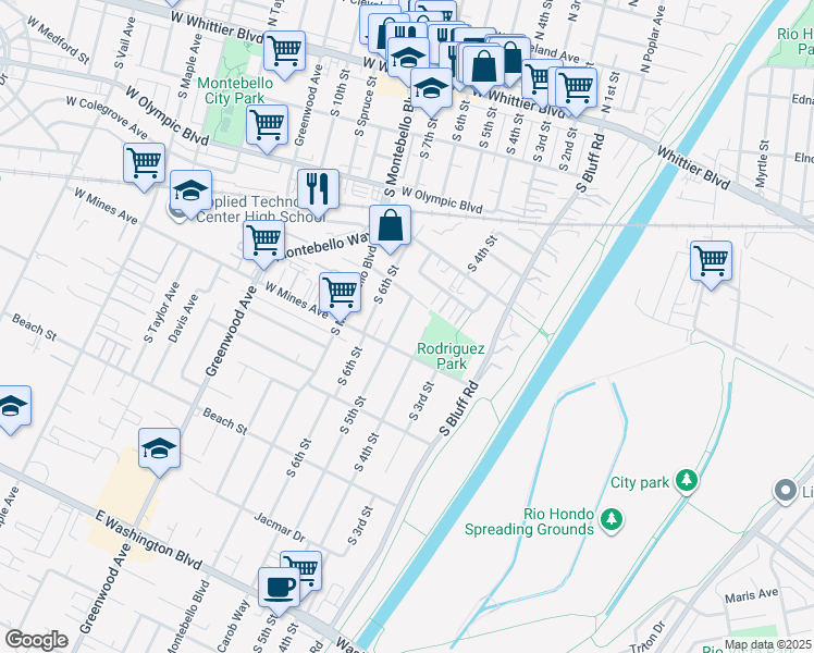 map of restaurants, bars, coffee shops, grocery stores, and more near 522 South 5th Street in Montebello