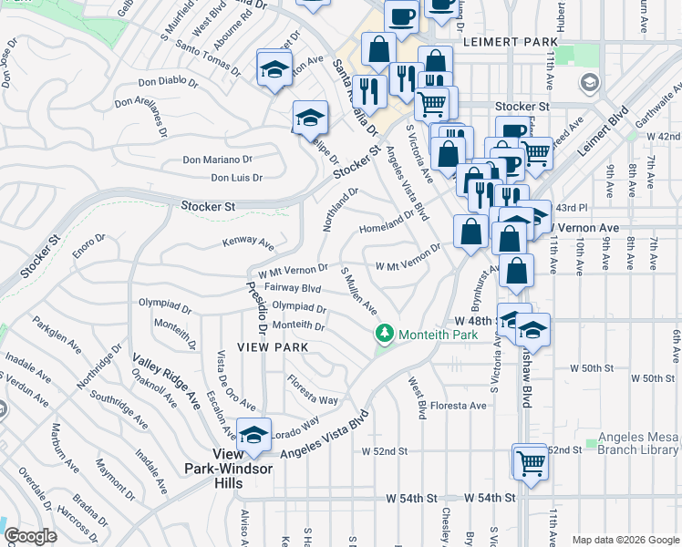map of restaurants, bars, coffee shops, grocery stores, and more near 3804 West Mount Vernon Drive in Los Angeles