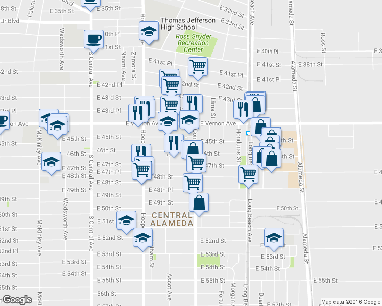 map of restaurants, bars, coffee shops, grocery stores, and more near 4601 Compton Avenue in Los Angeles