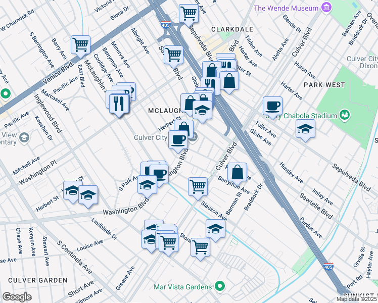 map of restaurants, bars, coffee shops, grocery stores, and more near 11423 Washington Boulevard in Los Angeles