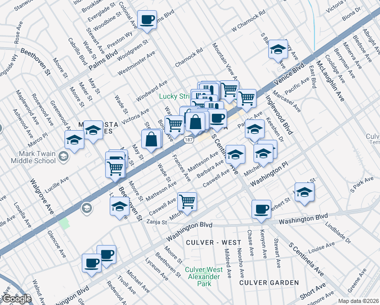 map of restaurants, bars, coffee shops, grocery stores, and more near 12518 Venice Boulevard in Los Angeles