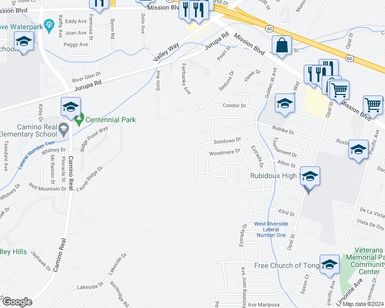 map of restaurants, bars, coffee shops, grocery stores, and more near 4079 Margie Way in Riverside