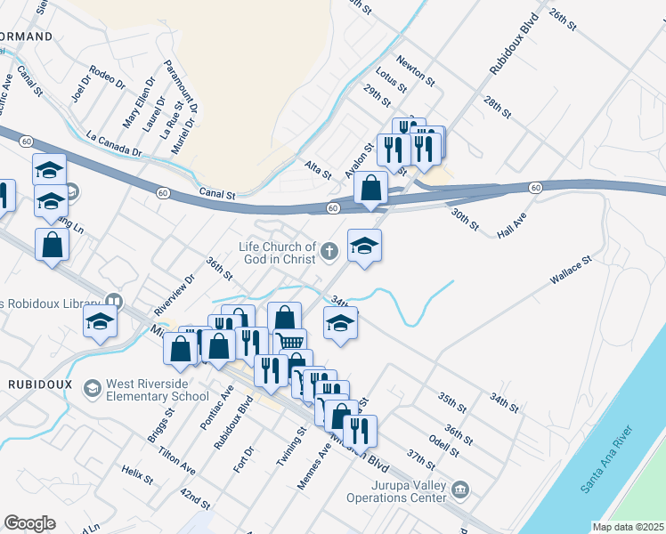 map of restaurants, bars, coffee shops, grocery stores, and more near 3349A Rubidoux Boulevard in Riverside