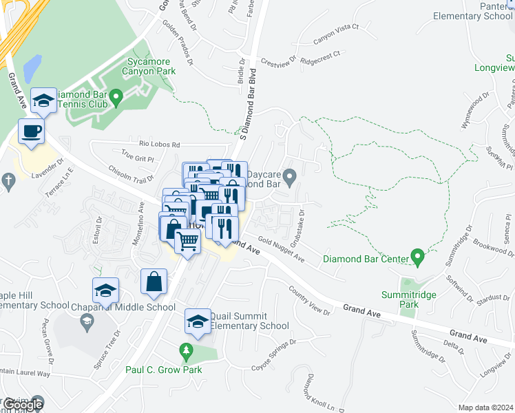 map of restaurants, bars, coffee shops, grocery stores, and more near 1102 Cleghorn Drive in Diamond Bar