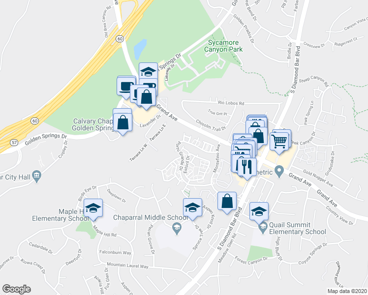 map of restaurants, bars, coffee shops, grocery stores, and more near 22974 Estoril Drive in Diamond Bar
