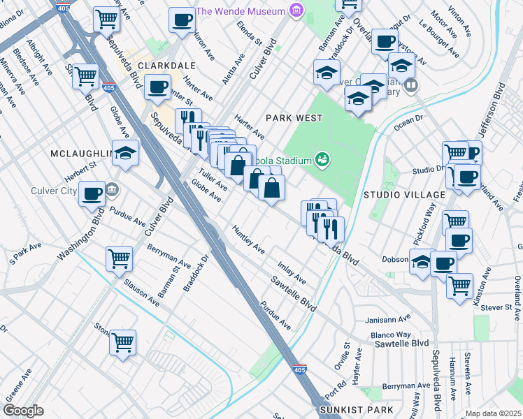 map of restaurants, bars, coffee shops, grocery stores, and more near 4491 Sepulveda Boulevard in Culver City