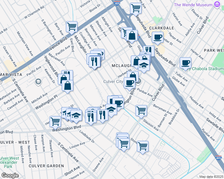 map of restaurants, bars, coffee shops, grocery stores, and more near 4130 McLaughlin Avenue in Los Angeles