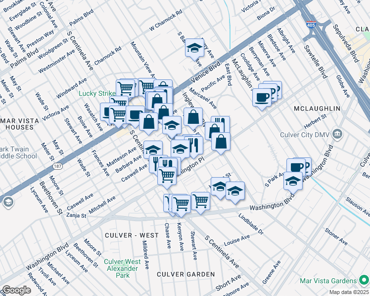 map of restaurants, bars, coffee shops, grocery stores, and more near 12135 Mitchell Avenue in Los Angeles