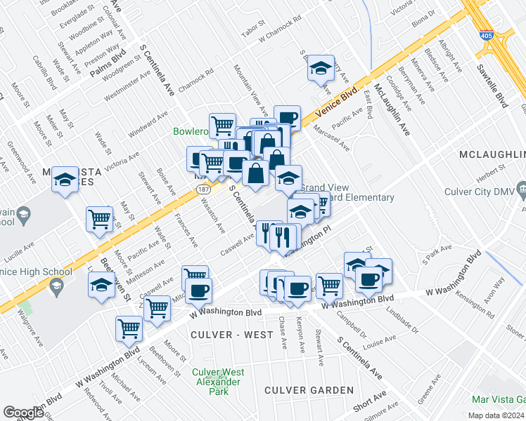 map of restaurants, bars, coffee shops, grocery stores, and more near 3868 South Centinela Avenue in Los Angeles