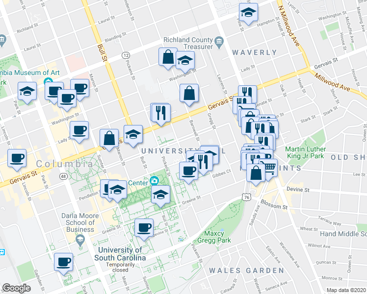map of restaurants, bars, coffee shops, grocery stores, and more near 1020B Henderson Street in Columbia